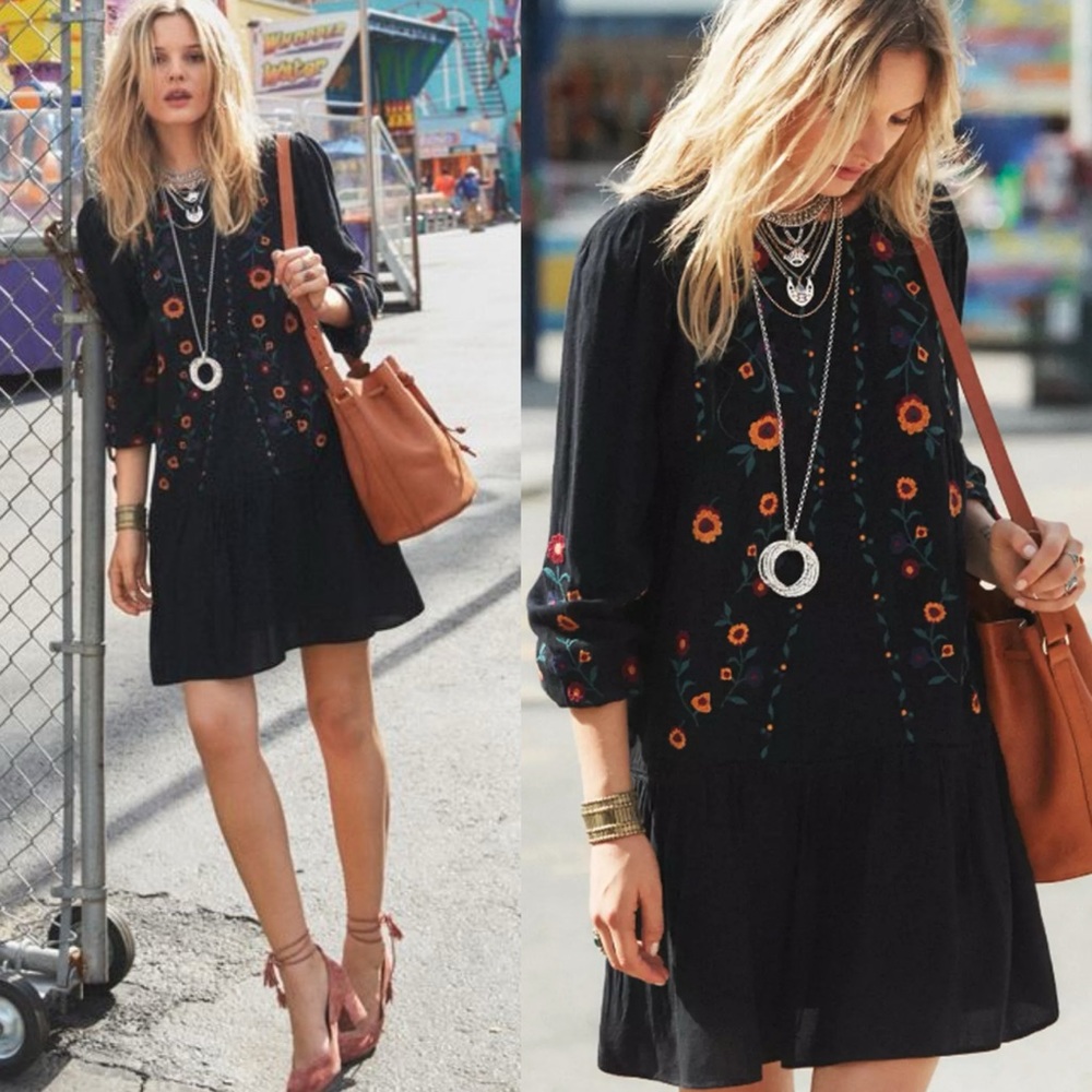 Sezane Elise Tiered Embroidered Long Sleeve Bohemian Dress Size 34 French US 2
